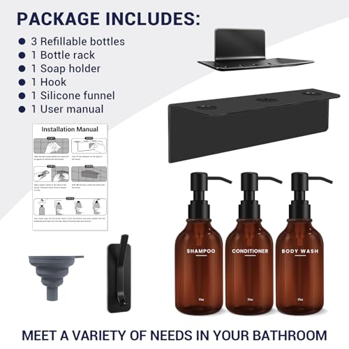 Shampoo Conditioner Body Wash Dispenser Bonus Soap Dish and Hook, Amber | 17 fl oz Set of 3 Amber Plastic Bottles with Black Pumps, Drill Free Adhesive Bathroom Organizer, Dorm Room Essentials