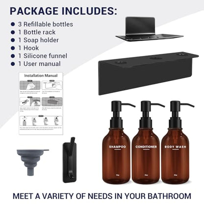 Shampoo Conditioner Body Wash Dispenser Bonus Soap Dish and Hook, Amber | 17 fl oz Set of 3 Amber Plastic Bottles with Black Pumps, Drill Free Adhesive Bathroom Organizer, Dorm Room Essentials