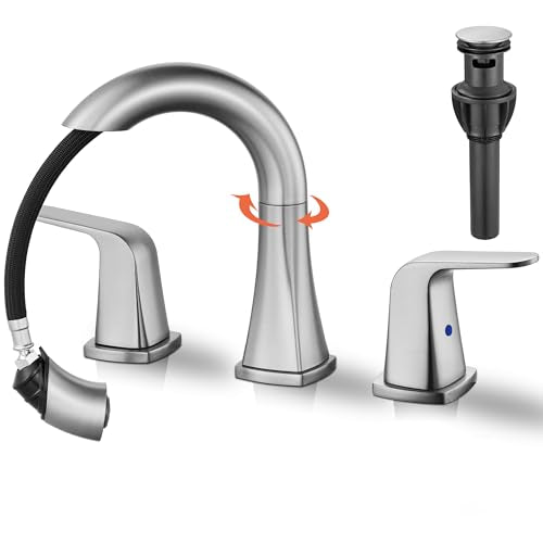 Brushed Nickel Bathroom Faucet with Sprayer - Rotatable Bathroom Faucets for Sink 3 Holes, 8In Widespread Bathroom Pull Down Faucet, 2-Handle Vanity Faucet with Pull Out Sprayer 360 Swivel - color: Brushed Nickel