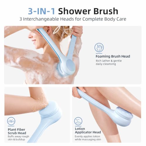 Electric Body Brush, Back Scrubber for Shower with Long Dual Handle, Waterproof Power Shower Brush with 3 Interchangeable Heads & 2 Speeds for Cleansing, Exfoliating and Massage, Sky Blue - color: Sky Blue