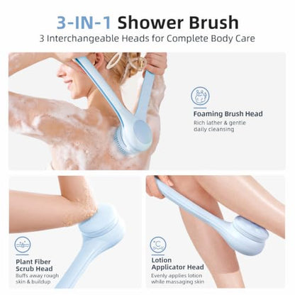 Electric Body Brush, Back Scrubber for Shower with Long Dual Handle, Waterproof Power Shower Brush with 3 Interchangeable Heads & 2 Speeds for Cleansing, Exfoliating and Massage, Sky Blue - color: Sky Blue