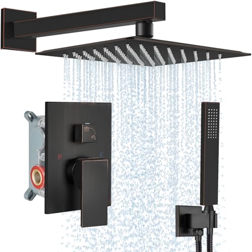 Midanya Shower Faucet Set with Handheld Sprayer,12 Inch,Oil Rubbed Bronze | Rough-in Shower Valve and Trim Kit Included,Square Rain Head,Wall Mount Shower System,All Metal,Bathroom - color: Bronze, size: 12 Inch