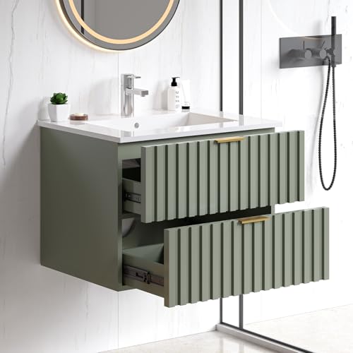 ONBRILL 24 Inch Bathroom Vanity with Sink Combo, Floating Bathroom Vanity with 2 Fluted Drawers & Metal Handle, Modern Wall Mount Storage Cabinet with Ceramic Integrated Sink for Small Space (Green) - color: Green, size: 24"