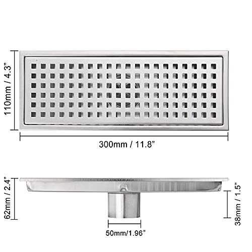 12 Inch Rectangular Shower Floor Drain, Detachable to Insert The Mesh Grille Cover, SUS304 Stainless Steel, Brushed Nickel - color: Brushed Nickel