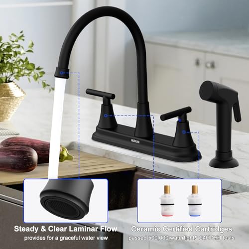 HURRAN 2-Handle Kitchen Faucet with Pull-Out Side Sprayer, 8 Inch High Arch Stainless Steel 360°Rotating Kitchen Sink Faucet, 4 Hole Faucet for Kitchen Bar Rv Camper, Black - color: Black, style: With Side Sprayer