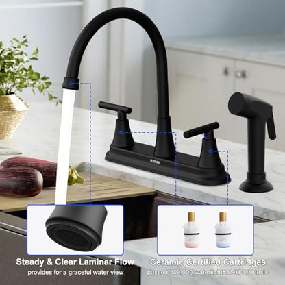 HURRAN 2-Handle Kitchen Faucet with Pull-Out Side Sprayer, 8 Inch High Arch Stainless Steel 360°Rotating Kitchen Sink Faucet, 4 Hole Faucet for Kitchen Bar Rv Camper, Black - color: Black, style: With Side Sprayer