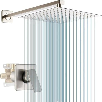 Shower Faucet Set Brushed Nickel Bathroom Rainfall 10 Inch Shower Head System Single Handle Shower Trim Kit with Valve - color: Brushed Nickel, size: 10 Inch (Wall Mount)