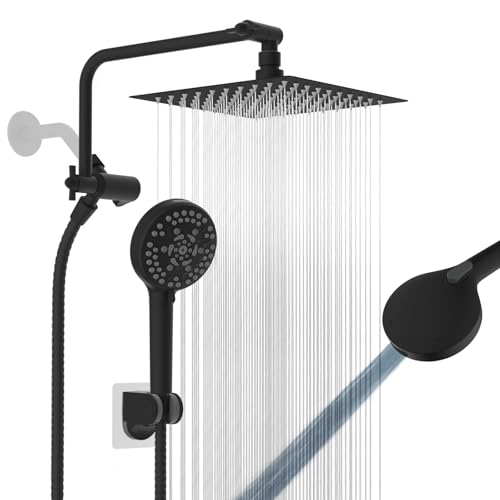 8" Metal Rainfall Shower Head with 10-Mode Handheld, Matte Black | NSF/ANSI/CAN 372 Certified, High Pressure Showerhead Combo with 11" Adjustable Shower Arm, 71" Hose, Shower Head Holder - color: Matte Black, style: Square 8"