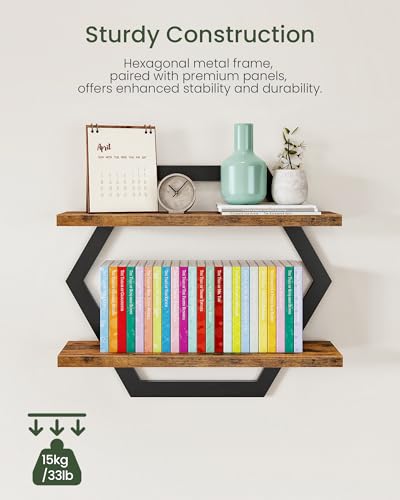Hexagon Floating Shelves for Wall, Set of 2, 2 -Tier Hanging Shelves, Wall Mounted Storage Shelves, for Living Room, Bedroom, Kitchen, Home Office, Study, Rustic Brown and Black TBJ06P2BF - color: Rustic Brown + Black