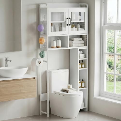 DHZ Over the Toilet Storage Cabinet, 65.55" H Bathroom Space Saver Organizer, 6 Movable Hooks & Paper Holder, Toilet Shelf for Restroom, Laundry, White