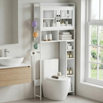 DHZ Over the Toilet Storage Cabinet, 65.55" H Bathroom Space Saver Organizer, 6 Movable Hooks & Paper Holder, Toilet Shelf for Restroom, Laundry, White