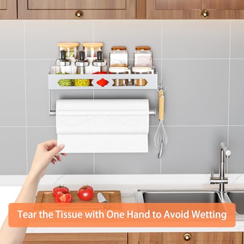 Wall Mount Paper Towel Holder with Shelf for Bathroom Kitchen,Silver 2Hooks | Metal Spice Rack, Easy One-Hand Tear Design Mounted Hanging Hand Paper Towel Roll Holder for RV, Home(Self Adhesive or Drill) - color: Silver