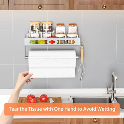 Wall Mount Paper Towel Holder with Shelf for Bathroom Kitchen,Silver 2Hooks | Metal Spice Rack, Easy One-Hand Tear Design Mounted Hanging Hand Paper Towel Roll Holder for RV, Home(Self Adhesive or Drill) - color: Silver