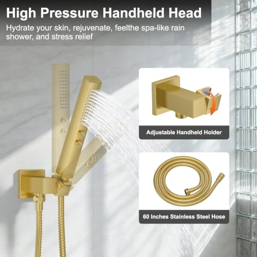 Brushed Gold Rainfall Shower System – Complete Spa Faucet Set with Handheld Sprayer & Mixer Valve –Tub Spout Bathroom Fixture Trim Kit - color: Brushed Gold, size: 6''+12''+Bathtub Faucet