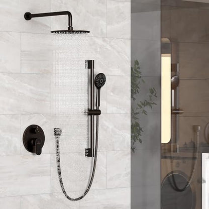 MONDAWE 9 Inch Wall Mounted Shower Faucet Set in Oil Rubbed Bronze, Rainfall Shower Head with 3-Setting Handheld Spray Shower Set Combo, High Pressure Shower System with Solid Brass Valve - color: Oil Rubbed Bronze, style: 9 IN - Without Tub Spout