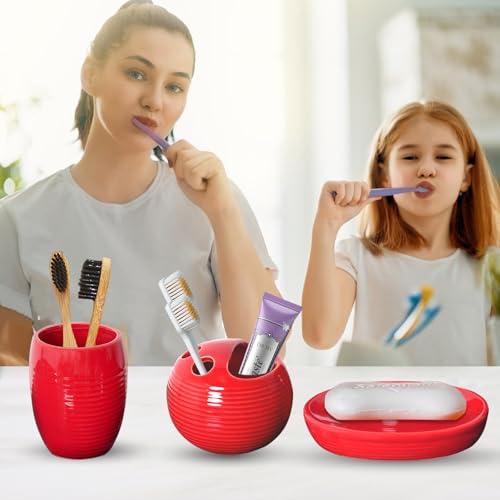 Red Bathroom Accessories Set,4 Pcs Ceramic Bath Accessory Sets Includes Soap Dispenser, Toothbrush Holder, Tumbler and Soap Dish,Bathroom Countertop Organizer Set for Home Apartment