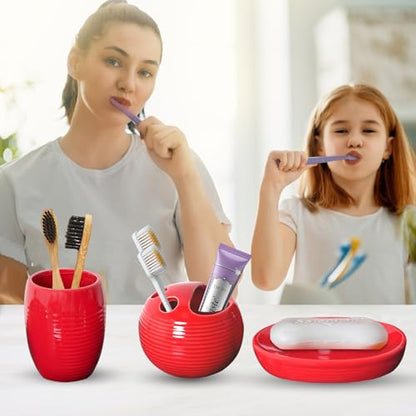 Red Bathroom Accessories Set,4 Pcs Ceramic Bath Accessory Sets Includes Soap Dispenser, Toothbrush Holder, Tumbler and Soap Dish,Bathroom Countertop Organizer Set for Home Apartment