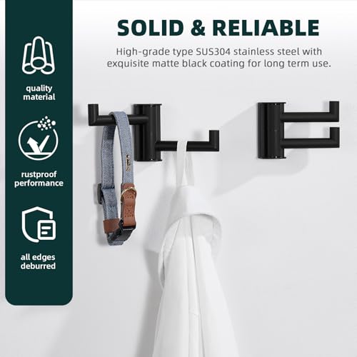 Angle Simple Swivel Towel Hook, 2 Pack Bathroom Robe Coat Hook, Matte Black | Solid SUS304 Stainless Steel Hand Towel Holder, Space Saver for Shower Entryway Closet, 2 Foldable Arms, Screws Wall Mount - color: Matte Black, size: 2 Pack