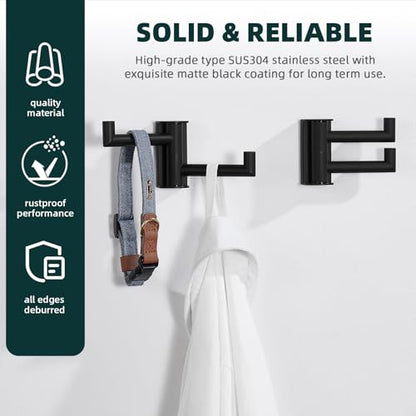 Angle Simple Swivel Towel Hook, 2 Pack Bathroom Robe Coat Hook, Matte Black | Solid SUS304 Stainless Steel Hand Towel Holder, Space Saver for Shower Entryway Closet, 2 Foldable Arms, Screws Wall Mount - color: Matte Black, size: 2 Pack