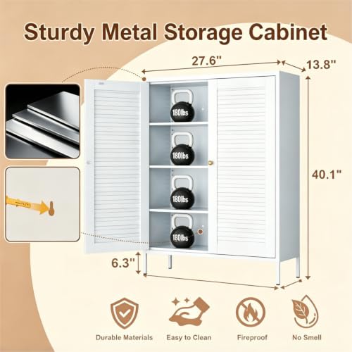 VASAAOSD Metal Bathroom Storage Cabinet, 40.1” Floor Buffet Cabinet White | Adjustable Shelves, Metal, Fluted Doors, Small Storage Sideboard for Bathroom, Kitchen, Living Room, Dining Room, Entryway