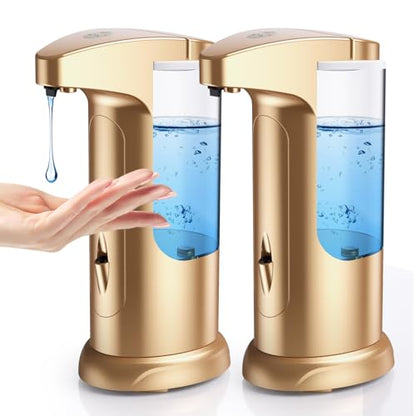 2 Pack Automatic Soap Dispenser for Bathroom Kitchen Home, Gold | 370ml Touchless Dish Soap Dispenser with Infrared Sensor, Battery Operated, 3 Dispensing Levels, Liquid Dispenser