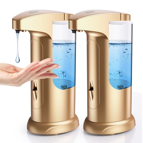 2 Pack Automatic Soap Dispenser for Bathroom Kitchen Home, Gold | 370ml Touchless Dish Soap Dispenser with Infrared Sensor, Battery Operated, 3 Dispensing Levels, Liquid Dispenser