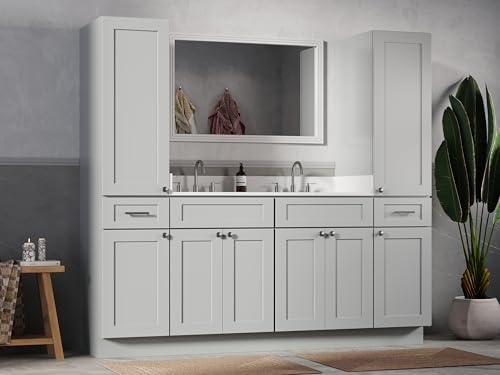DISAR 78" Double Sink Bathroom Vanity with Dual Linen Storage Towers, Carrara Quartz Top and Ceramic Sinks, Solid Wood Frame, 4 Piece Design, 78" x 22" x 72" (Gray) - color: Grey