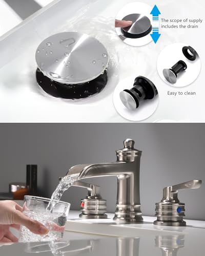 Fapully Brushed Nickel Bathroom Sink Faucet, Waterfall Bathroom Faucets 3 Hole, 8 Inch Widespread Bathroom Faucet with Pop-up Drain, 2-Handle Faucet for Bathroom Sink Vanity RV - color: Brushed Nickel