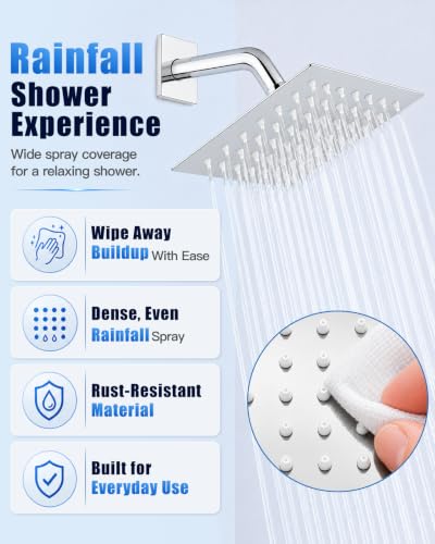Heyalan 6 Inch Square Rain Shower Faucet Set with Valve, Polished Chrome | Female-thread 1/2-inch NPT connections, SUS304 shower head, brass rough-in valve, single-handle control Shower Set - color: Chrome, size: 6 Inch Square Shower Head