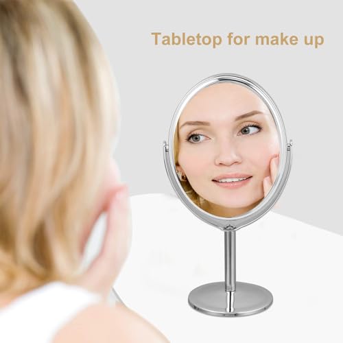 DECHOUS Double-Sided Oval Desktop Makeup Mirror Silver, Rotatable Beauty Vanity Mirror with Swivel Stand for Home Dressing Table and Personal Grooming