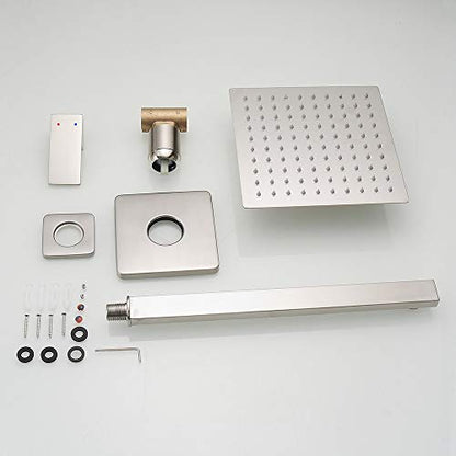 Shower Faucet Set Brushed Nickel, Single Function Shower Trim Kit with Rough-in Valve, Square Rain Shower Head System Included Extra Long Shower Arm for Bathroom - color: Brushed Nickel, style: Shower Faucet