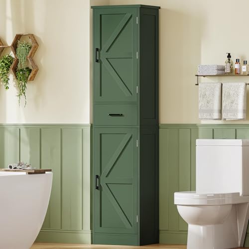 Kitchen Pantry Cabinet with 3 Door Shelves & 1 Drawer, Narrow Bathroom Cabinet with Adjustable Shelves, Tall Storage Cabinet for Living Room, Bathroom, Entryway, Green - color: Green