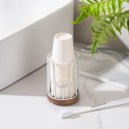 Bathroom Cup Dispenser with Acacia Wood Stand - Essential Bathroom Accessories for Toothbrush Holders & Mouthwash Cup Dispenser on Vanity Countertops Silvry - color: 1 Pack Silvery