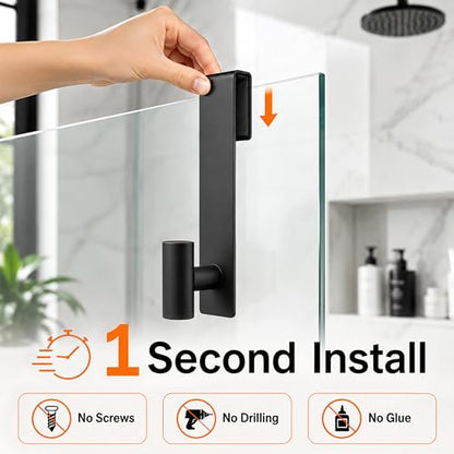 Over Glass Shower Towel Hooks, Shower Door Hooks, Black, 2 Pack | Stainless Steel, Heavy Duty, Easy Installation, Slim Design, Soft Padding, Shower Towel Hooks For Glass Shower Door