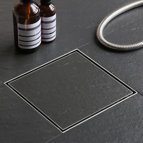 8 Inch Square Shower Drain with Tile Insert Grate, Brushed | 304 Stainless Steel, Square Tile Floor Drain for Bathroom, Removable Tile-In Drain Grate with Hair Strainer, cUPC Certified - size: 8 inch