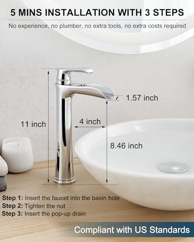 Bathroom Waterfall Faucet, Brass Tall Chrome Bathroom Faucet One Handle, Vessel Sink Faucet 1 Hole, Faucet for Bathroom Sink with Pop-Up Drain & Supply Hoses for Vanity Lavatory RV Farmhouse - color: Chrome