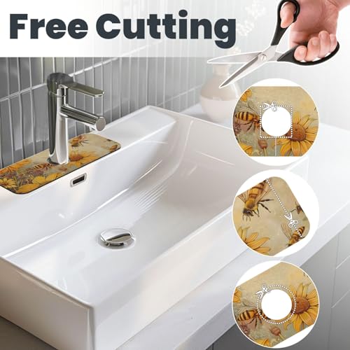 Rural Honey Bees flowers Printed Diatomite Kitchen Faucet Mat, Water Absorbent Sink Splash Guard, Quick Drying Faucet Pad , Non-Slip Sink Accessories for Kitchen Bathroom Counter (15" X 5.5" )