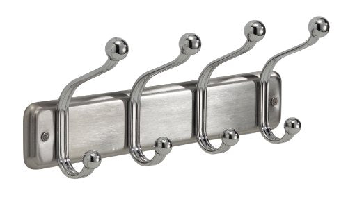 InterDesign York Lyra Wall Mount Storage Rack – Hanging Hooks for Jackets, Coats, Hats and Scarves - 4 Dual Hooks, Chrome - color: Chrome