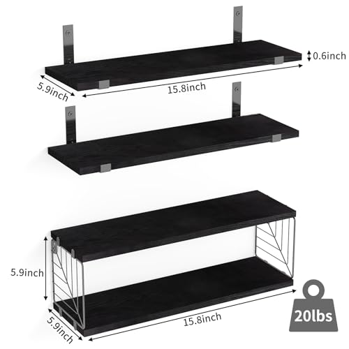 Fixwal 3+1 Tier Bathroom Floating Shelves Over Toilet, Black | Black Wood Shelf Set with Toilet Paper Storage Basket, Natural Finish, 40Lb Weight Limit, Quick Mount, Versatile - color: Black