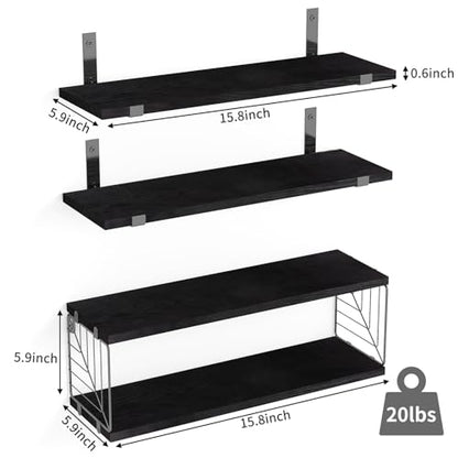 Fixwal 3+1 Tier Bathroom Floating Shelves Over Toilet, Black | Black Wood Shelf Set with Toilet Paper Storage Basket, Natural Finish, 40Lb Weight Limit, Quick Mount, Versatile - color: Black