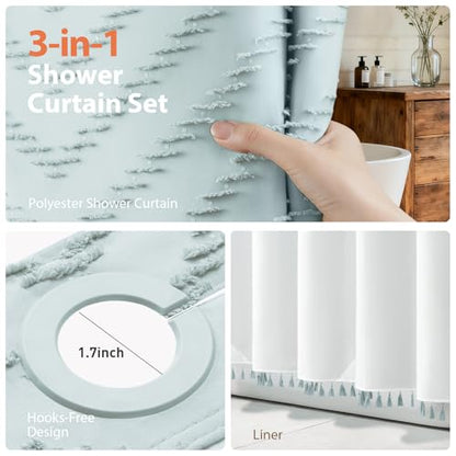 Fog Blue Hook Free Chevron Shower Curtain & Fabric Liner,72x75 | Less Time to install, 3 in 1 Fabric Shower Curtain and Liner Set with Magnets, Mesh Top Window, Shower Curtains for Bathroom - color: Fog Blue, size: 72"W x 75"L (Pack of 1)