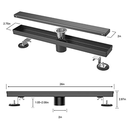 EXF Linear Shower Drain 26 Inch Matte Black with Tileable Cover | 304 Stainless Steel, V-Slope Design, Debris Strainer, Seamless, Adjustable Height - color: Matte Black, size: 26 IN