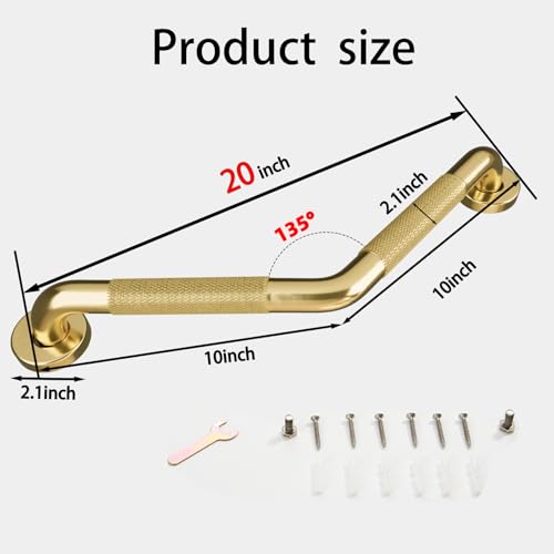 20 Inch Bathroom Grab Bar, Angled Grab Bar with Anti-Slip Knurled Grip, Brushed Gold Stainless Steel Bath Balance Bar, Safety Hand Rail Support, Handicap Elderly Senior Assist Bath Handle - color: Brushed Gold