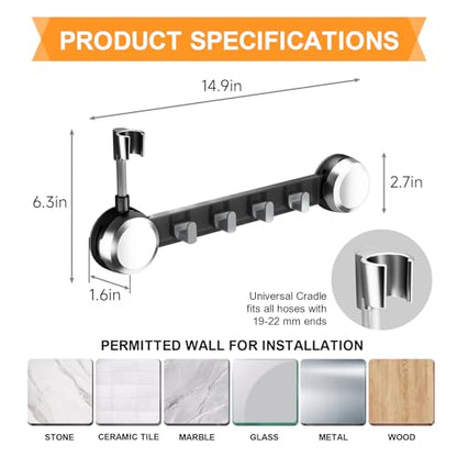 Shower Head Holder Suction Cup with 4 Hanger Hook Wall Mount - No-Drill Strong Adhesive Shower Wand Bracket - Adjustable Handheld Shower Head Mount - 2 in 1 Design - color: Silver