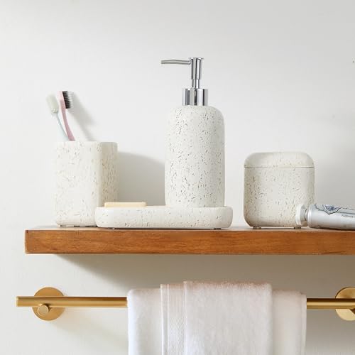 4-Pieces Bathroom Accessory Set Hight Quality Polyresin Ensemble-Lotion Dispenser/Toothbrush Holder/Cotton Jar/Soap Dish, Cream Color