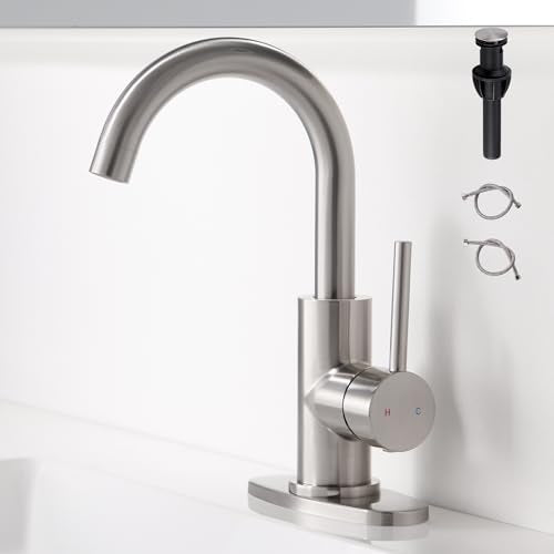 Brushed Nickel Bathroom Faucet - Single Hole Waterfall Bathroom Sink Faucet with Drain Assembly, 360° Swivel Spout Vanity Faucet Single Handle Lavatory Sink Faucet - color: Brushed Nickel