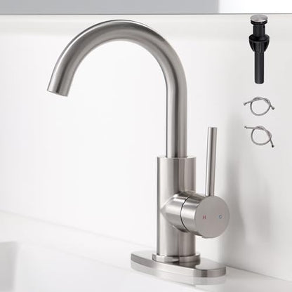 Brushed Nickel Bathroom Faucet - Single Hole Waterfall Bathroom Sink Faucet with Drain Assembly, 360° Swivel Spout Vanity Faucet Single Handle Lavatory Sink Faucet - color: Brushed Nickel
