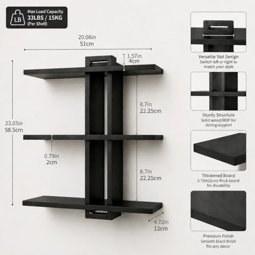 Black Floating Shelves for Bathroom, 3 Tier Pine Wood Wall Mounted Shelf, 20 Inch Large Wall Mounted Shelf for Towels, Toiletries, Plants, Photos, Home Decor