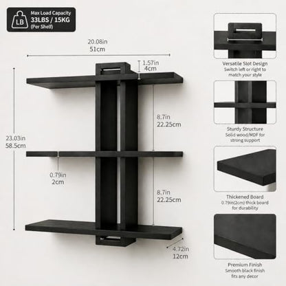 Black Floating Shelves for Bathroom, 3 Tier Pine Wood Wall Mounted Shelf, 20 Inch Large Wall Mounted Shelf for Towels, Toiletries, Plants, Photos, Home Decor
