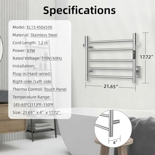 P&Dlusir EL13 Heated Towel Rack, Brushed, 5 Bar | Fast Heat in 2 Min, Smart Timer, Thermo Control, Memory Functoion, Stainless Steel, Hard-Wired/Plug-in - color: Brushed, size: 21.65"W x 17.72"H